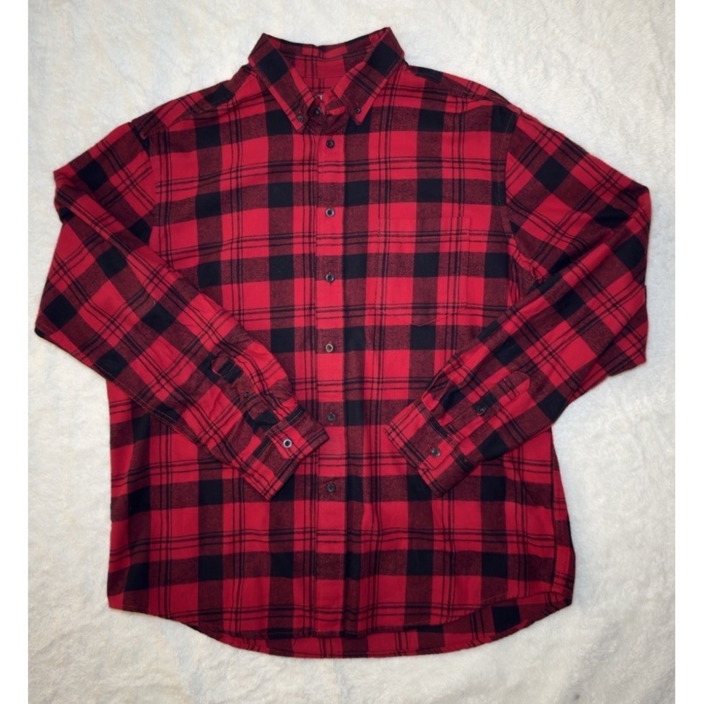 Merona Classic Fit Button-Down Flannel Shirt Men's L Buffalo Plaid Red Black